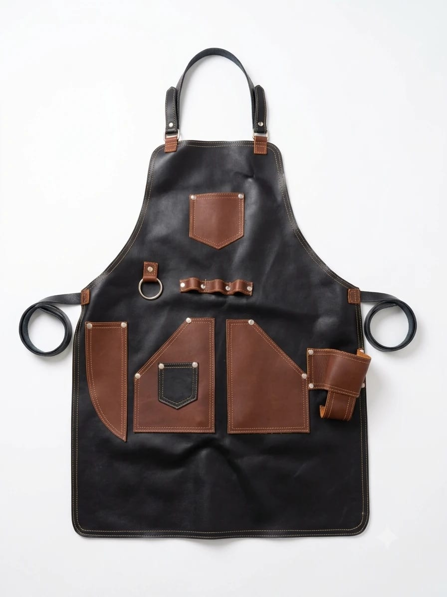 Mandil de piel negra con bolsas café